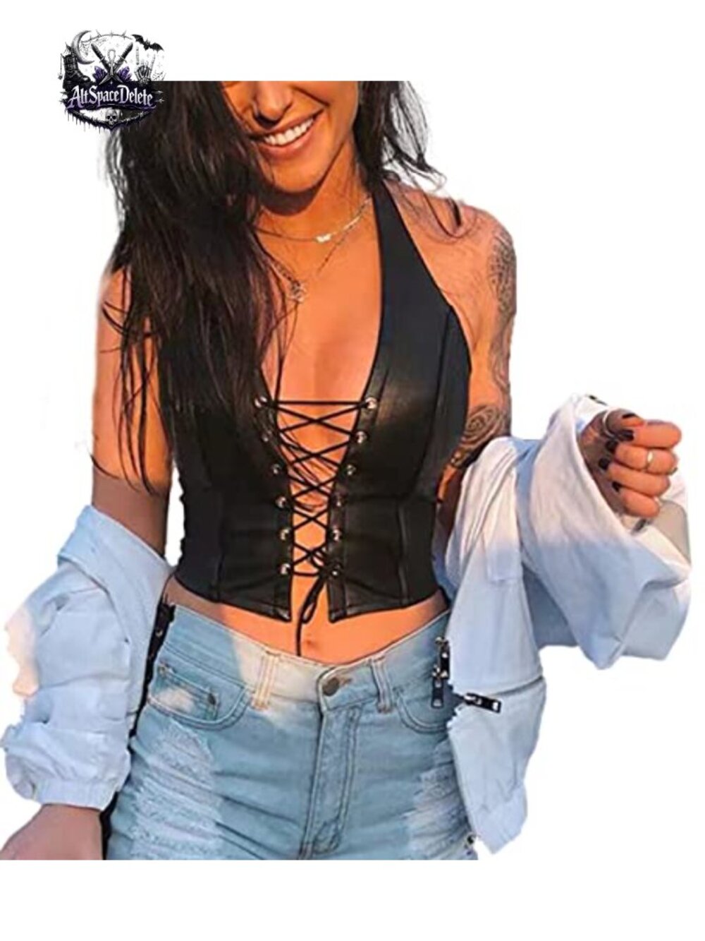 Sexy Halter Backless Leather Tank Top Lace Up Rivet String